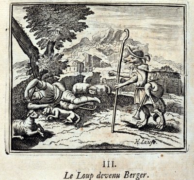 Wilk stał się Bergerem. Bajki Jeana de La Fontaine (1621-95). Ilustracja François Chauveau (1613-1676). Wydanie z 1728 r. autorstwa Francois Chauveau