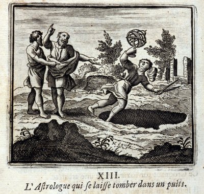 Astrolog, który wpada do studni. Bajki Jean de La Fontaine (1621-95). Ilustracja François Chauveau (1613-1676). Wydanie z 1728 r. autorstwa Francois Chauveau