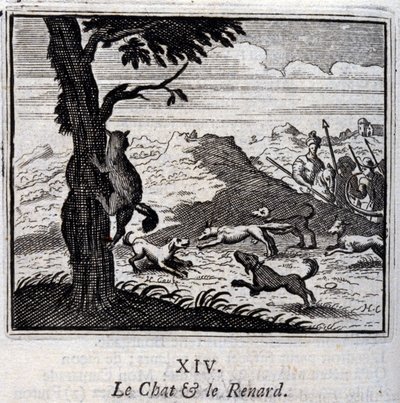 Kot i lis. Bajki Jean de La Fontaine (1621-95). Ilustracja autorstwa François Chauveau (1613-1676). Wydanie z 1728 r. autorstwa Francois Chauveau