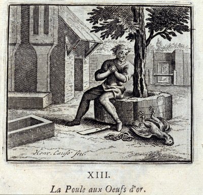 Kurczak ze złotymi jajkami. Bajki Jean de La Fontaine (1621-95). Ilustracja François Chauveau (1613-1676). Wydanie z 1728 r. autorstwa Francois Chauveau