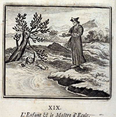Dziecko i dyrektor szkoły. Bajki Jean de La Fontaine (1621-95). Ilustracja François Chauveau (1613-1676). Wydanie z 1728 r. autorstwa Francois Chauveau