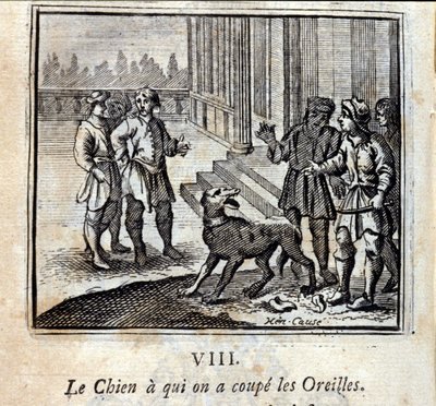 Pies odcięliśmy mu uszy. Bajki Jean de La Fontaine (1621-95). Ilustracja autorstwa François Chauveau (1613-1676). Wydanie z 1728 r. autorstwa Francois Chauveau