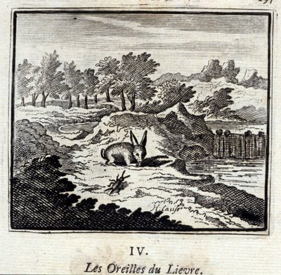 Uszy Lievre. Bajki Jean de La Fontaine (1621-95). Ilustracja François Chauveau (1613-1676). Wydanie z 1728 r. autorstwa Francois Chauveau