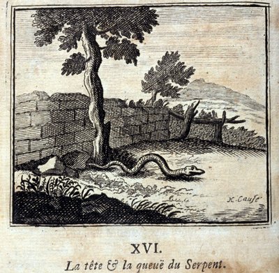 Głowa i ogon Węża. Bajki Jean de La Fontaine (1621-95). Ilustracja autorstwa François Chauveau (1613-1676). Wydanie z 1728 r. autorstwa Francois Chauveau