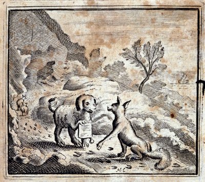 Chory lew i lis. Bajki Jean de La Fontaine (1621-95). Ilustracja François Chauveau (1613-1676). Wydanie z 1728 r. autorstwa Francois Chauveau