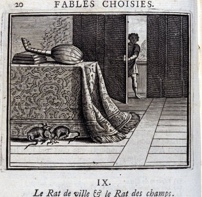 Szczur miejski i szczur polny. Bajki Jean de La Fontaine (1621-95). Ilustracja François Chauveau (1613-1676). Wydanie z 1728 r. autorstwa Francois Chauveau