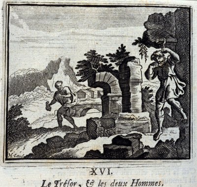 Skarbnik i dwaj mężczyźni. Bajki Jean de La Fontaine (1621-95). Ilustracja François Chauveau (1613-1676). Wydanie z 1728 r. autorstwa Francois Chauveau