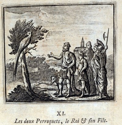 Dwie Papugi Króla i jego Syna. Bajki Jean de La Fontaine (1621-95). Ilustracja François Chauveau (1613-1676). Wydanie z 1728 r. autorstwa Francois Chauveau