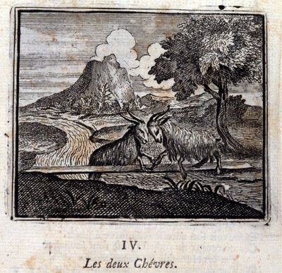 Dwie kozy. Bajki Jean de La Fontaine (1621-95). Ilustracja François Chauveau (1613-1676). Wydanie z 1728 r. autorstwa Francois Chauveau