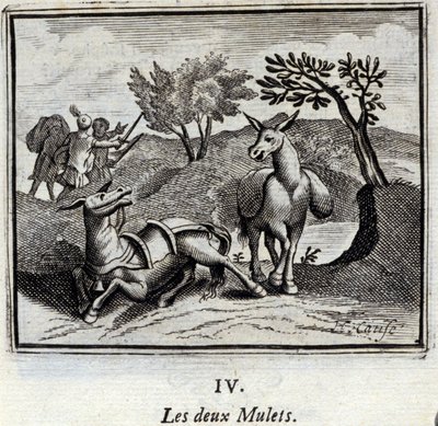 Dwa muły. Bajki Jean de La Fontaine (1621-95). Ilustracja François Chauveau (1613-1676). Wydanie z 1728 r. autorstwa Francois Chauveau