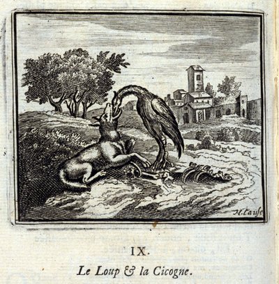 Wilk i bocian. Bajki Jean de La Fontaine (1621-95). Ilustracja François Chauveau (1613-1676). Wydanie z 1728 r. autorstwa Francois Chauveau