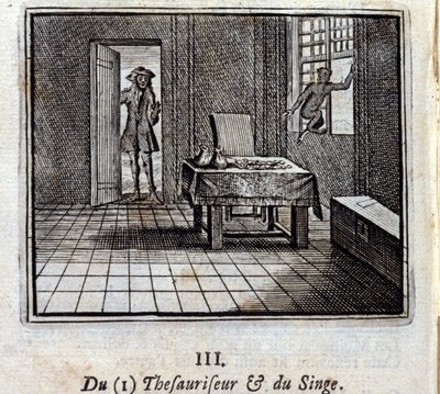 Tezaurator i Małpa. Bajki Jean de La Fontaine (1621-95). Ilustracja Francois Chauveau (1613-1676). Wydanie z 1728 r. autorstwa Francois Chauveau