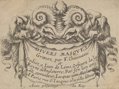 Tabliczka tytułowa z dwiema głowami satyra, z Divers Masques, ca. 1635-45. autorstwa Francois Chauveau