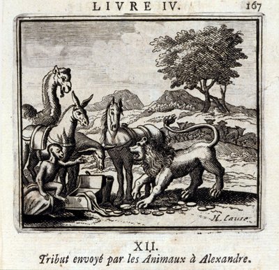 Hołd wysłany przez Zwierzęta do Aleksandra. Bajki Jean de La Fontaine (1621-95). Ilustracja François Chauveau (1613-1676). Wydanie z 1728 r. autorstwa Francois Chauveau