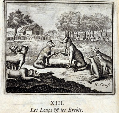 Wilki i owce. Bajki Jean de La Fontaine (1621-95). Ilustracja Francois Chauveau (1613-1676). Wydanie z 1728 r. autorstwa Francois Chauveau