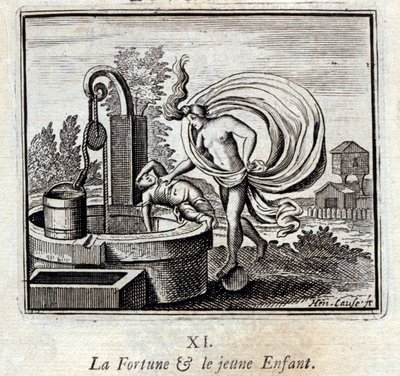 Fortuna i Małe Dziecko. Bajki Jean de La Fontaine (1621-95). Ilustracja autorstwa François Chauveau (1613-1676). Wydanie z 1728 r. autorstwa Francois Chauveau