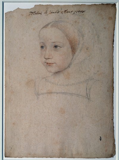 Portret dziecka Marguerite de France (1523-1574), córki Franciszka I, księżnej Sabaudii Rysunek czarnym kamieniem, krew wzmocniona akwarelą Francois Clouet (1515-1572) XVI w. Chantilly, Musee Conde autorstwa François Clouet