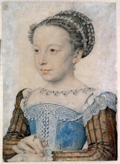 Portret Marguerite de Valois (1553-1615) lub królowej Margot Rysunek ołówkiem i krwią autorstwa Francois Cloueta (ok. 1515-1572) XVI-wieczne nd. 0,29 x 0,21 m Chantilly, Musee Conde autorstwa François Clouet