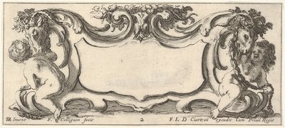 Ilustracja 2: kartusz z dzieckiem widzianym od tyłu do lewej i dzieckiem widzianym z ..., ok. godz. 1640-45. autorstwa Francois Collignon