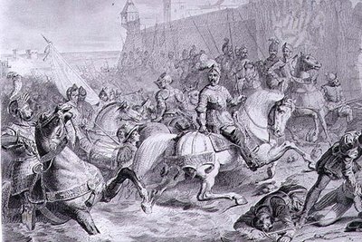 Zdobycie Calais przez Francisa, 2. księcia Guise (1519-63) w 1558, ryty przez Amedee Felix Barthelemy Geilee (1802-43) (rycina) autorstwa Francois Edouard (after) Picot