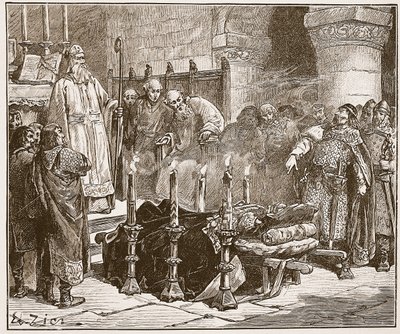 Fitz-Arthur zabrania pochówku Williama, ilustracja z „Ilustrowanej historii Anglii Cassella” (zdjęcie w sepii) autorstwa Francois Edouard Zier