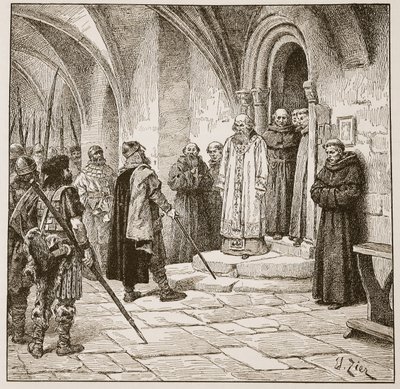 Swein żądający okupu, ilustracja z „Kościoła anglikańskiego: historia dla ludu” autorstwa H.D.M. Spence-Jones, wyd. ok. 1910 (zdjęcie w sepii) autorstwa Francois Edouard Zier