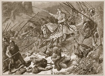 „Pani Mercians” walcząca z Walijczykami, ilustracja z „Ilustrowanej historii Anglii Cassella” (zdjęcie w sepii) autorstwa Francois Edouard Zier
