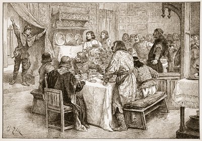 Posłaniec przynoszący Haroldowi wiadomość o lądowaniu Williama, ilustracja z „Kościoła anglikańskiego: historia dla ludu” autorstwa H.D.M. Spence-Jones, wyd. ok. 1910 (zdjęcie w sepii) autorstwa Francois Edouard Zier