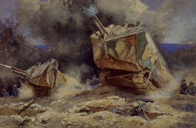 Atak na piechotę i czołgi w Saint Chamond, lipiec 1918 (akwarela) autorstwa Francois Flameng