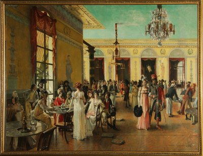 Cafe Frascati (Paryż, Francja), scena z czasów Napoleona (koniec 18-1815) - Obraz Francois Flameng (1856-1923), olej na drewnie autorstwa Francois Flameng