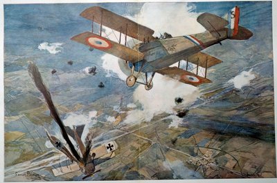 Pierwsza wojna światowa „” Walka powietrzna”” Wrogi samolot w płomieniach. Malarstwo akwarelowe Francois Flameng (1856-1923) 1918 Kolekcja prywatna autorstwa Francois Flameng