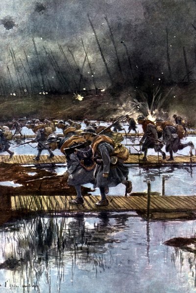 Przeprawa francuskiego I Korpusu Piechoty przez kanał Yser, 31 lipca 1917 r., godz. 4.45 Według obrazu Francois Flamenga (1856-1923), Francuza. autorstwa Francois Flameng