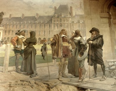 Pascal z Desarguesem przedstawia Kartezjuszowi swoje doświadczenia dotyczące grawitacji powietrza: młody matematyk Blaise Pascal (1623-1662) i Girard Desargues (1591-1661) omawiają swoją teorię ciśnienia atmosferycznego z Rene Descartes (1596-1650) na P autorstwa Francois Flameng