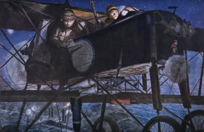 Nocne bombardowanie dwupłatowca Voisin z francuskimi służbami lotniczymi autorstwa Francois Flameng