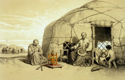 Kałmucy z kołem modlitewnym, Syberia, ilustracja z „Stepy Kaspijskie, Kaukaz, Krym i Południowa Rosja” Xaviera Hommaire