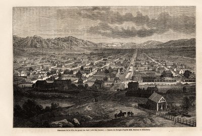 Panorama miasta wielkiego brudnego jeziora, z cytatem Świętych (Utah), rysunek Ferogio, dla zilustrowania podróży Richarda Burtona do miasta Świętych, stolicy krainy Mormonów, w 1860 roku. Grawerowanie w „” Le tour du monde ””, pod redakcją Edouarda Charto autorstwa Francois Fortune Antoine (after) Ferogio