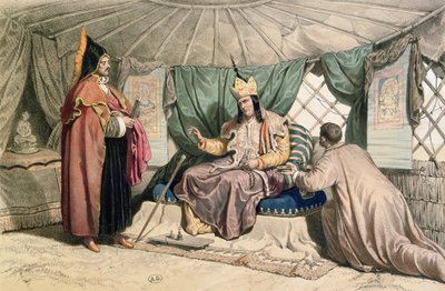Arcykapłan kałmucki ze swoim Ghepi, ilustracja z "Voyage a la mer Caspienne" Xaviera Hommaire de Hell (1812-48), ok. 1850 r. autorstwa Francois Fortune Antoine Ferogio