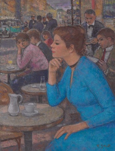 Eugenia w niebieskiej sukience w „Deux Magots”, Paryż, ok. 1980 (olej na płótnie) autorstwa Francois Gall