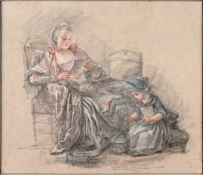 Kobieta czytająca i dziewczyna grająca markizę de Pompadour z córką Alexandrine, ok. 1748 autorstwa Francois Guérin