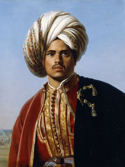 Portret księcia osmańskiego, połowa długości, w czerwieni i złocie, autorstwa Francois Henri Alexandre La Fond