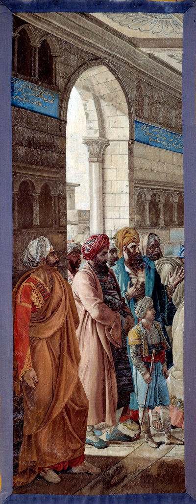 Kampania (wyprawa) w Egipcie (1798-1801): Generał Napoleon Bonaparte wręcza miecz dowódcy wojskowemu Mohammedowi El Koraimowi, gubernatorowi Aleksandrii, aby uhonorować wartość, z jaką bronił swojego miasta i potwierdził ją w swoim biurze między 3 a autorstwa Francois Henri Mulard
