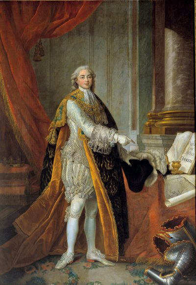Portret u stóp Ludwika Stanisława Ksawerego z Francji (przyszły Ludwik XVIII), hrabiego Prowansji (1755-1824) w wielkim stroju Zakonu Ducha Świętego (Zakonu Ducha Świętego) i przedstawiający Przywileje Miasta Angers” ”””” Obraz Francois autorstwa Francois Hubert Drouais
