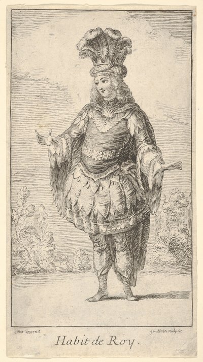Habit de Roy: mężczyzna noszący tonnelet ozdobiony rozetami, koroną i turbanem w..., ca. 1721. autorstwa Francois Joullain