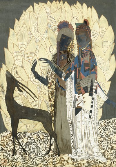 Dwie stylizowane kobiety z antylopą wśród liści, ok. 1928 (drewniany panel lakierowany i coquille d