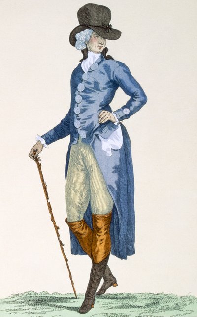 Pan domu królewskiego w wytwornym niebieskim płaszczu, rytowany przez Le Beau, tablica nr 256 z "Galeries des Modes et Costumes Francais", ok. 1778-87 r. autorstwa Francois Louis Joseph Watteau
