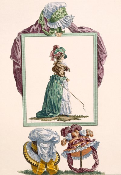 Młoda kobieta ubrana w pierrot caraco trzymająca bat powozowy, grawerowana przez Dupina, tablica nr 238 z „Galeries des Modes et Costumes Francais”, ok. 1778-87 autorstwa Francois Louis Joseph Watteau