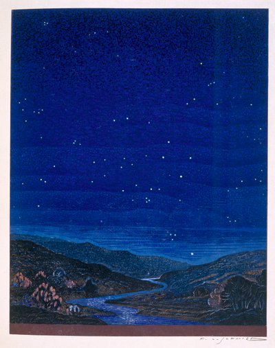 Pejzaż nocny, ilustracja z „Kim” Rudyarda Kiplinga, 1930 autorstwa Francois Louis Schmied