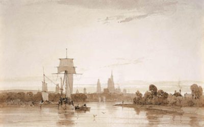 Widok z Sekwany w kierunku katedry i miasta Rouen. Poranek autorstwa Francois Louis Thomas Francia