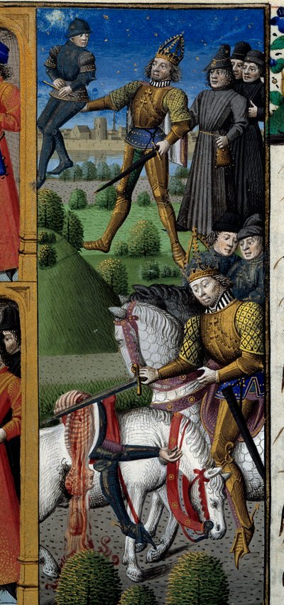 Sceny z życia Karola Wielkiego (742-814) Król Franków: scena walki. Małpa. Miniatura zaczerpnięta z rękopisu „Speculum historiale” (Le Mirror historyl) Vincenta de Beauvais (1184/94-1264) inluminowanego przez Mistrza Francois (XV w.) autorstwa Maître François