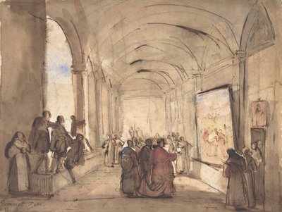 Kardynał badający obraz w krużganku, I poł. XIX w. autorstwa Francois Marius Granet